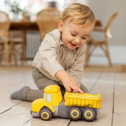 Pluszak ciężarówka z wywrotką i schowkiem, miękka maskotka żółta 30 cm